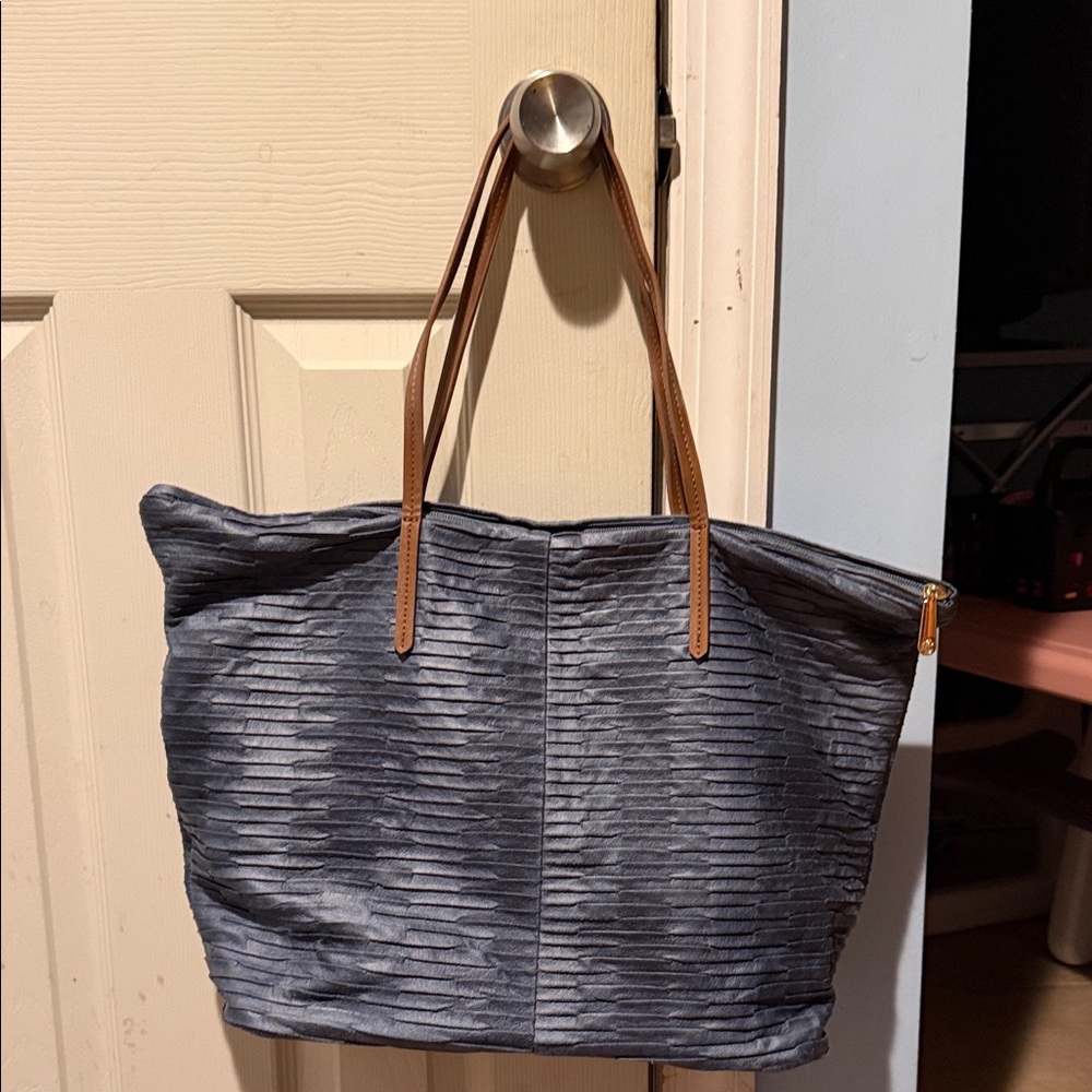 Charming Charlie Textured Navy Tote with Brown Handles NWOT